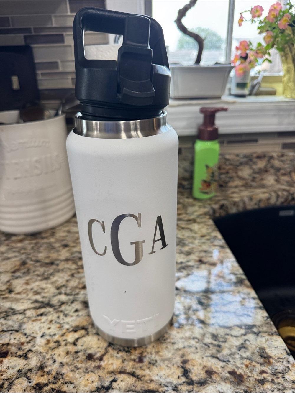 Yeti White Insulated Water Bottle with Black Lid and Monogram